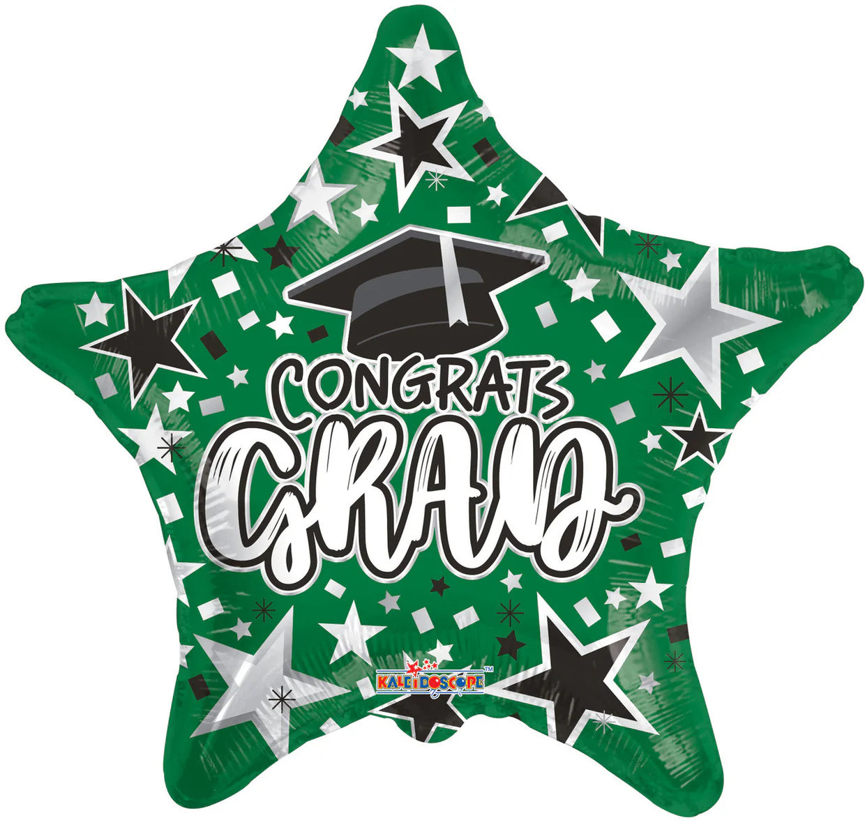 Green star shaped foil balloon with text Congrats Grad, a graduation cap and stars on a white background.