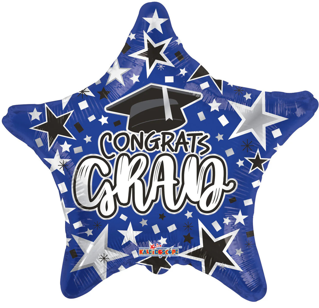 Blue star shaped foil balloon with text Congrats Grad, a graduation cap, and stars