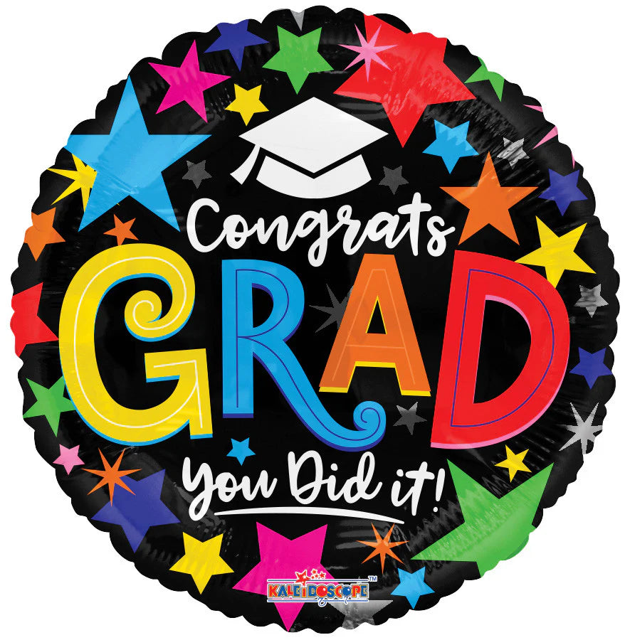 Graduation-themed balloon with colorful stars and 'Congrats Grad You Did It!' text on a black background.