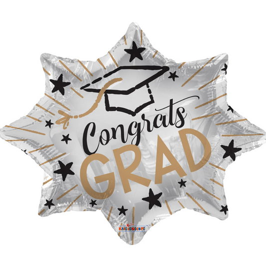 Graduation-themed balloon with 'Congrats Grad' text and a graduation cap design on a white background.
