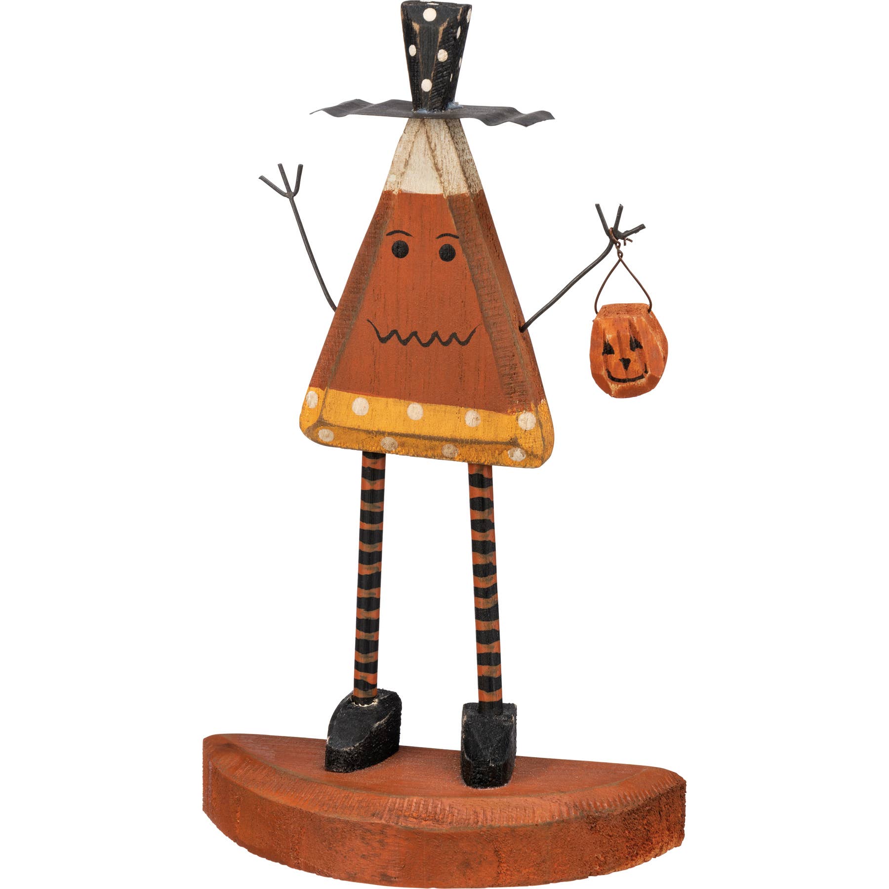 Wooden Halloween decoration with a candy corn triangular head, striped legs, and pumpkin-shaped bag on a white background.