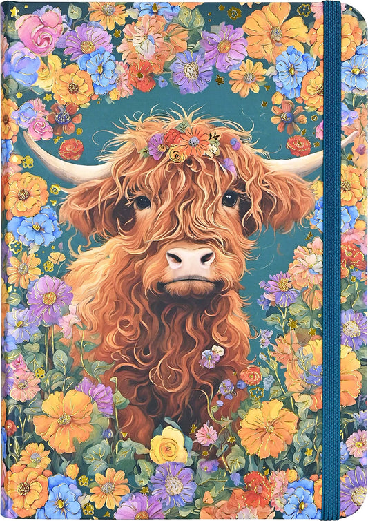 Journal cover with a highland cow surrounded by colorful flowers