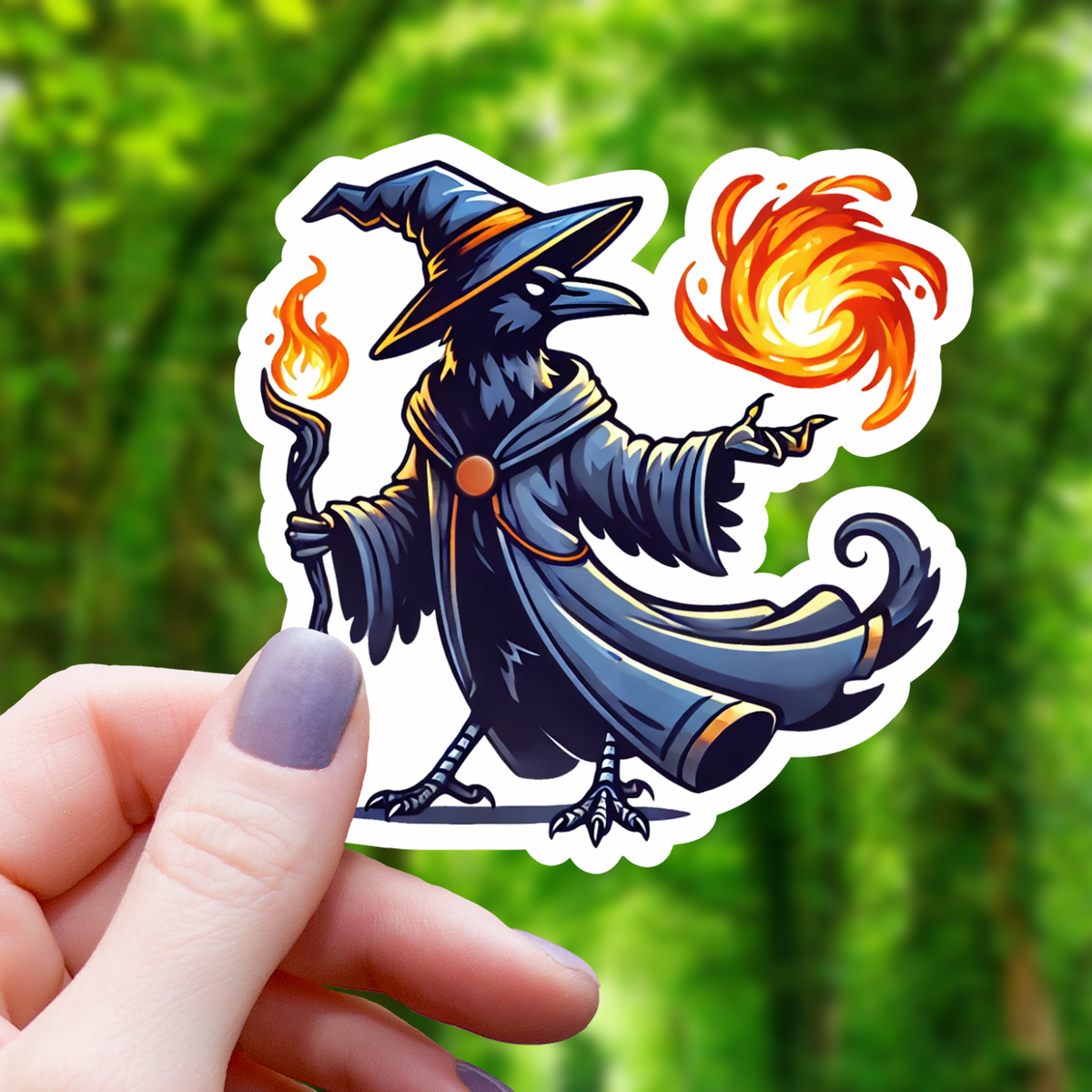 A sticker of a crow as a mage in a hat and robe casting a fireball on a blurred green background.