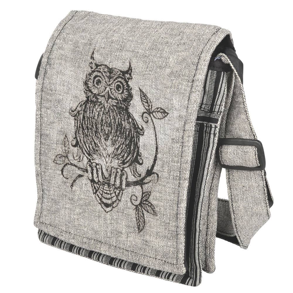 Gray shoulder bag with an owl design on a white background