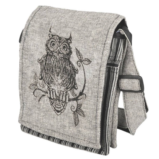 Gray shoulder bag with an owl design on a white background