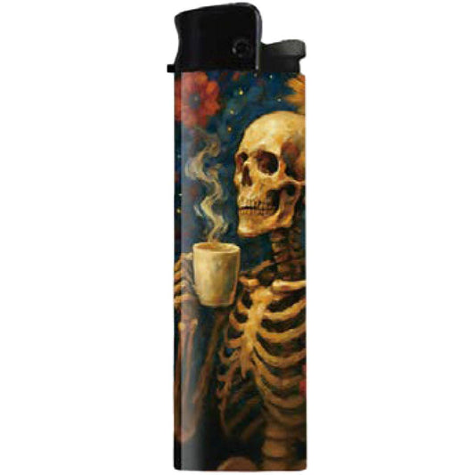 Lighter with a skeleton design holding a cup  of steaming liquid on a white background
