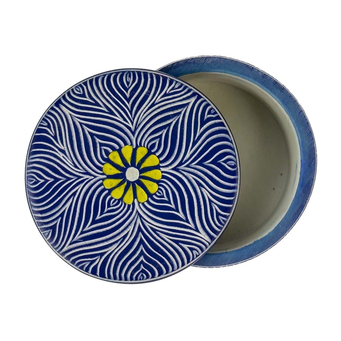 Soapstone Blue Round Container with Yellow Flower Accent
