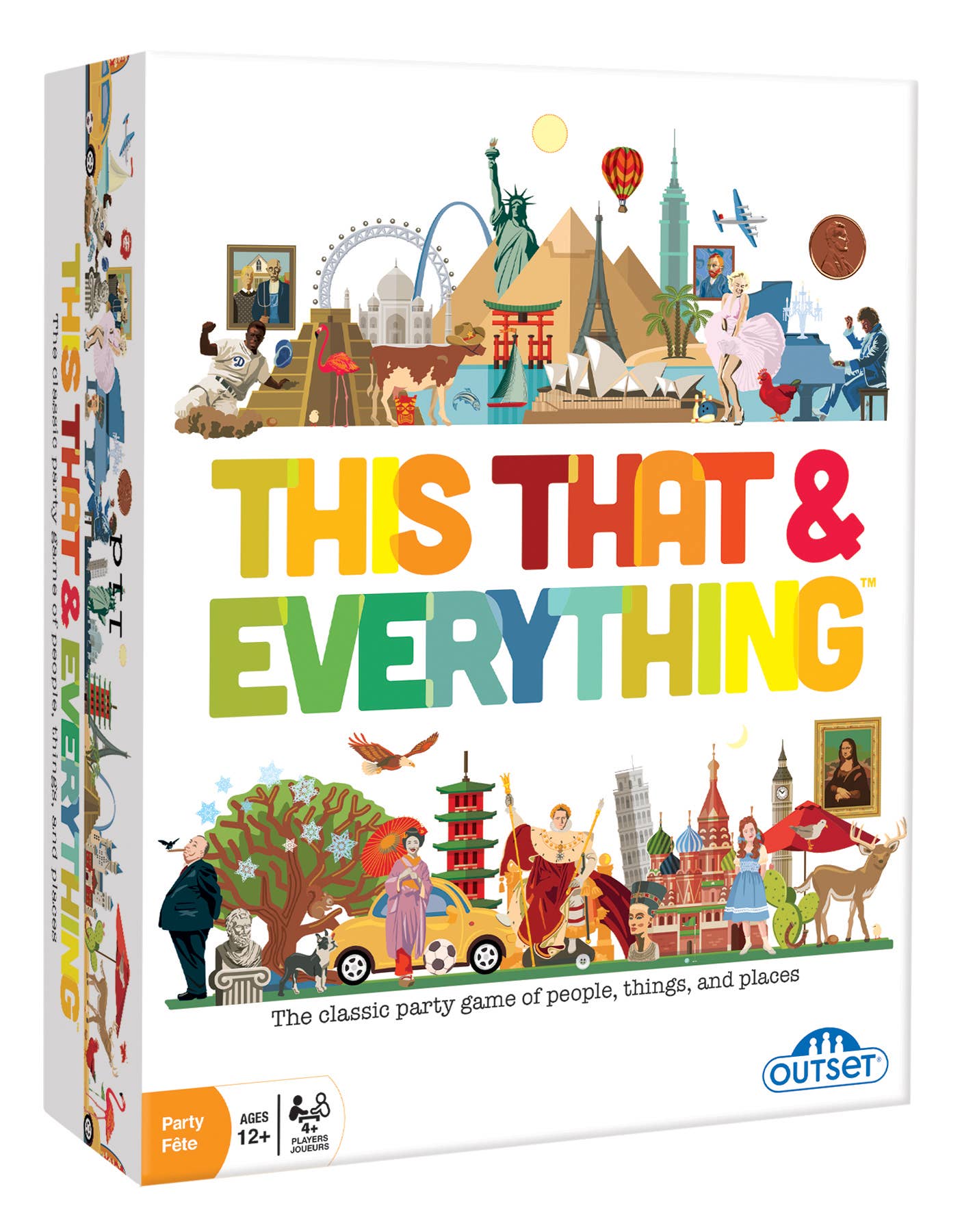 The board game 'This That & Everything' by Outset. The box features a white background decorated with a colorful, detailed cartoon illustration of global landmarks and characters.
