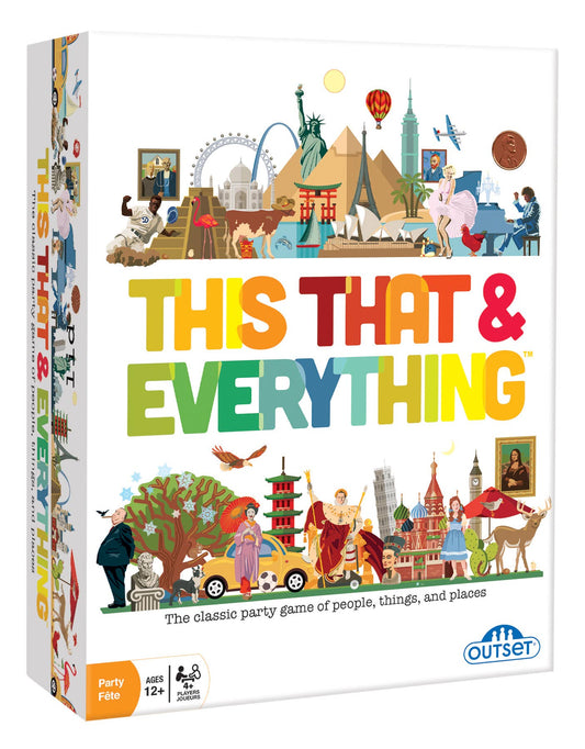 The board game 'This That & Everything' by Outset. The box features a white background decorated with a colorful, detailed cartoon illustration of global landmarks and characters.