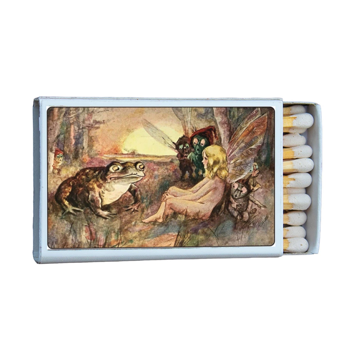 Matchbox with fairy and frog illustration on a white background
