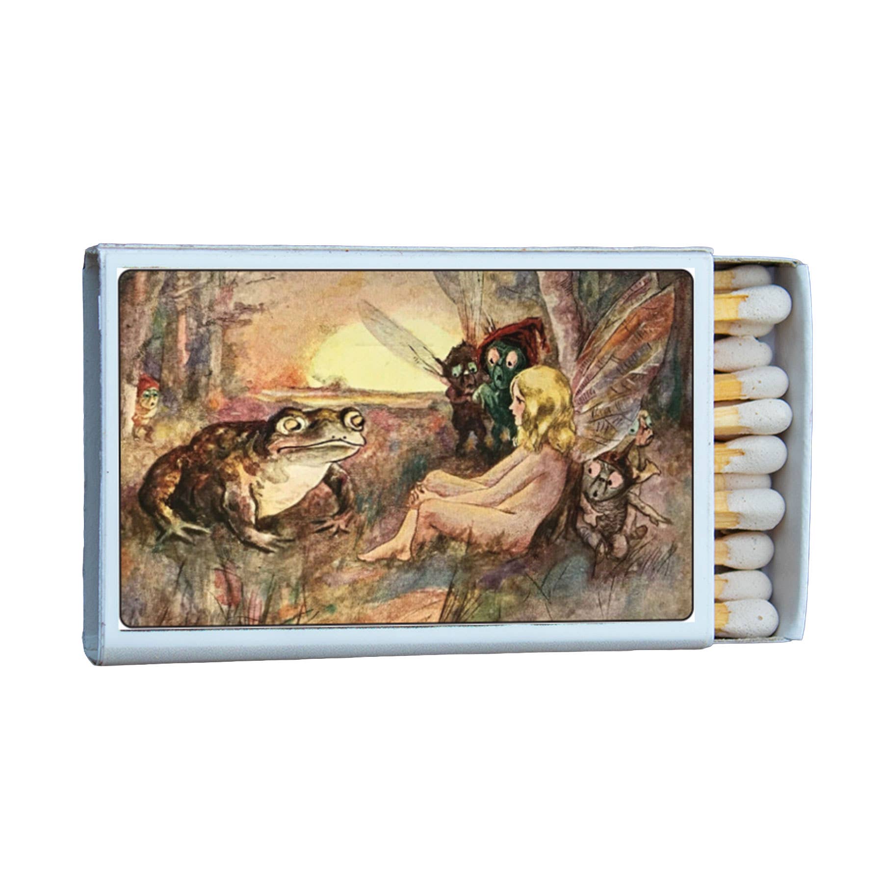Matchbox with fairy and frog illustration on a white background