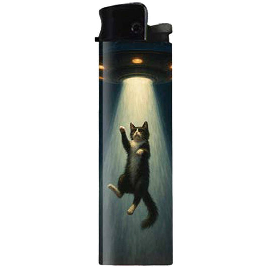 Lighter with a cat being pulled in UFO  light beam design on a white background