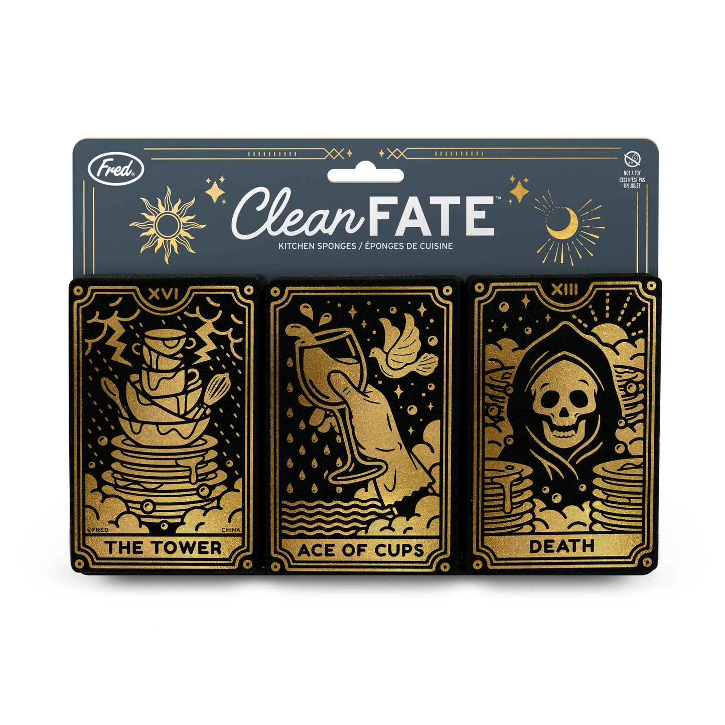 Packaging of kitchen sponges with tarot card designs and 'Clean Fate' branding.