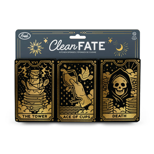 Packaging of kitchen sponges with tarot card designs and 'Clean Fate' branding.