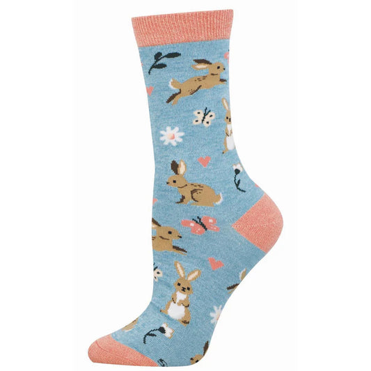 Socksmith blue sock with rabbit and flower pattern on a white background