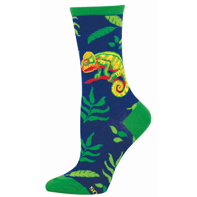 Colorful blue and green sock with a chameleon and plants design on a white background