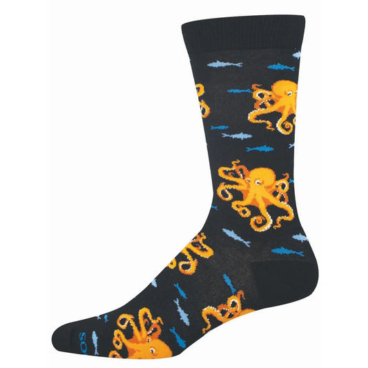 Black sock with orange octopus and blue fish pattern on a white background