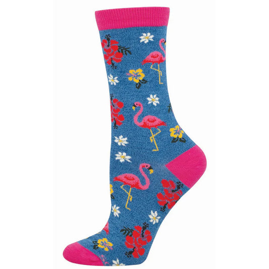 Blue Socksmith sock with flamingo and floral images on a white background