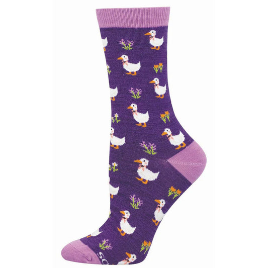 Purple Socksmith socks with ducks and flower designs on a white background