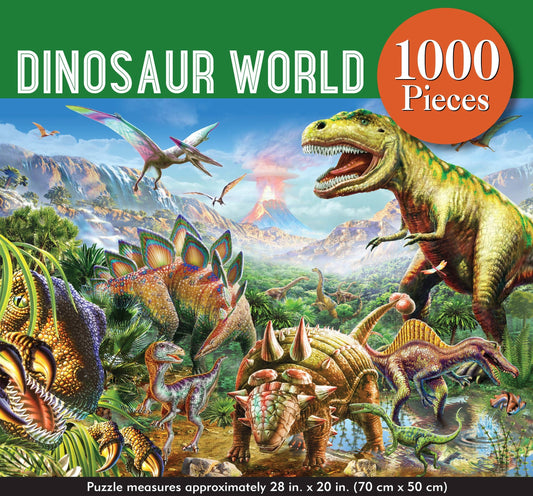 Dinosaur-themed 1000 piece puzzle packaging with various dinosaurs and a mountainous landscape.