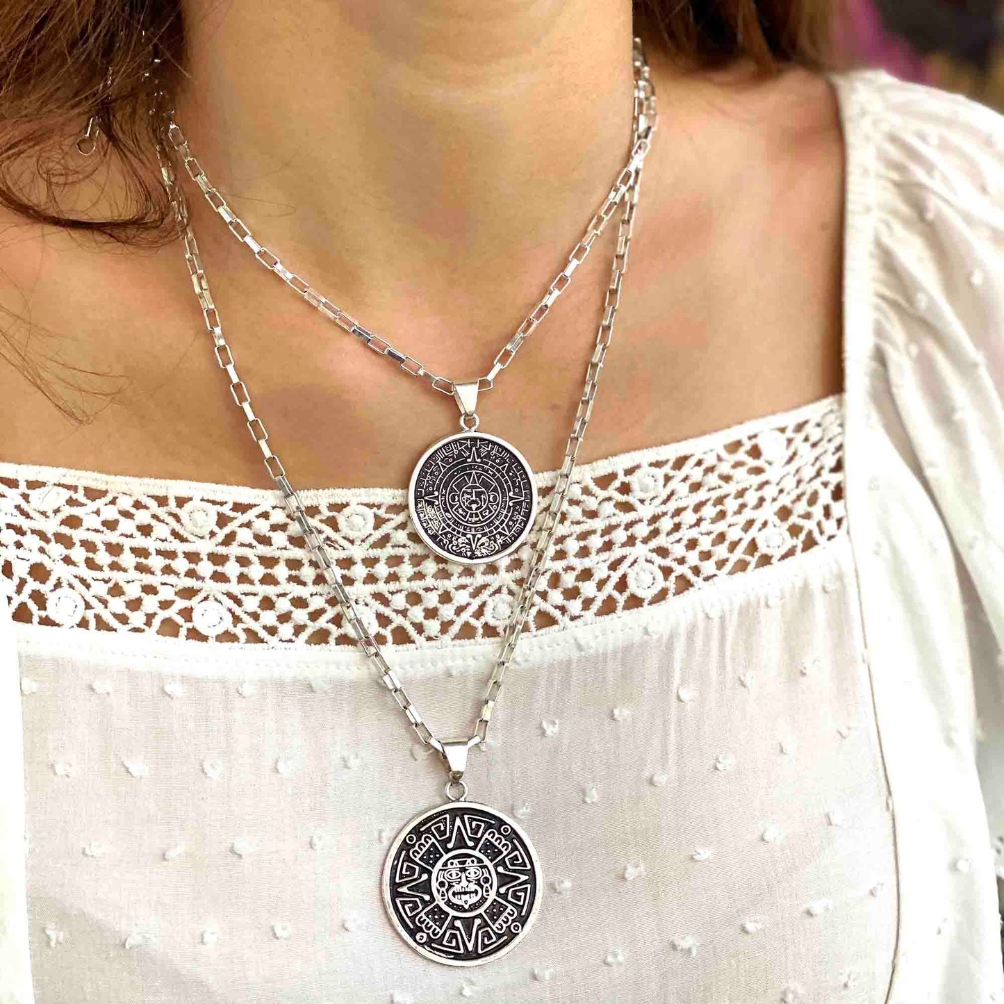 Alpaca Silver Aztec Calendar Pendant