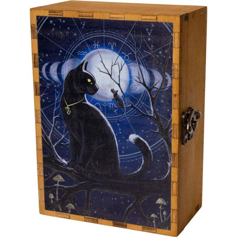 A wooden storage box with a dark blue celestial cat illustration on the front door, featuring a black cat under a full moon with zodiac symbols, set against a plain white background.