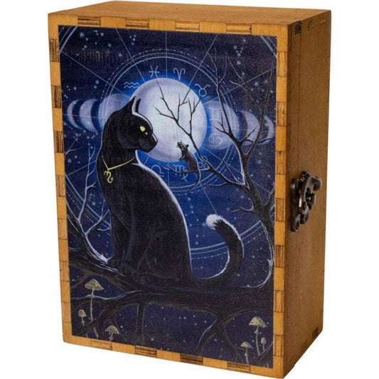 A wooden storage box with a dark blue celestial cat illustration on the front door, featuring a black cat under a full moon with zodiac symbols, set against a plain white background.