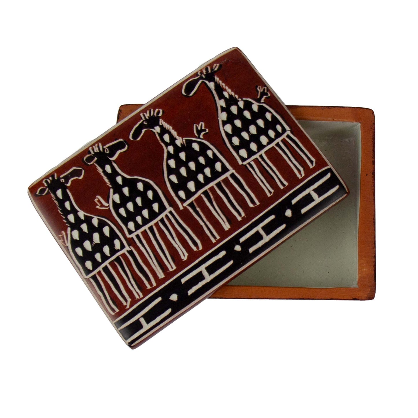 Soapstone Carved Box Brown Mudcloth Giraffes