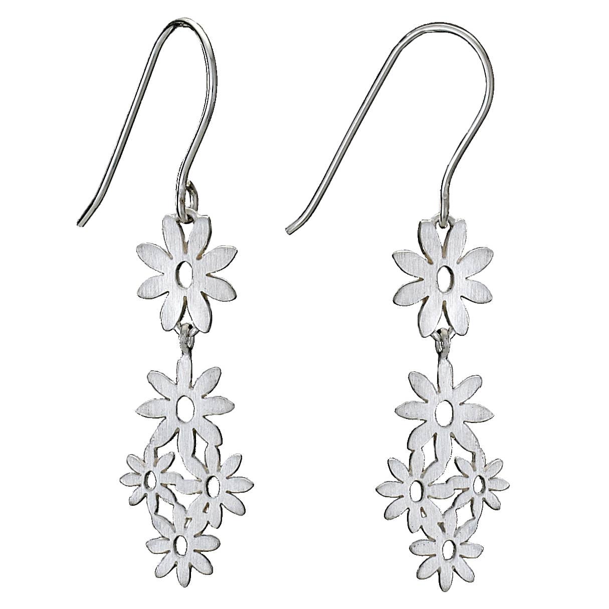 Silver floral drop earrings on a white background