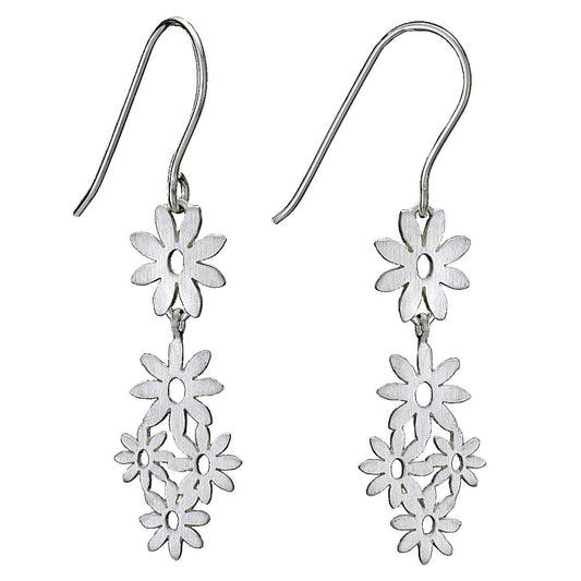Silver floral drop earrings on a white background