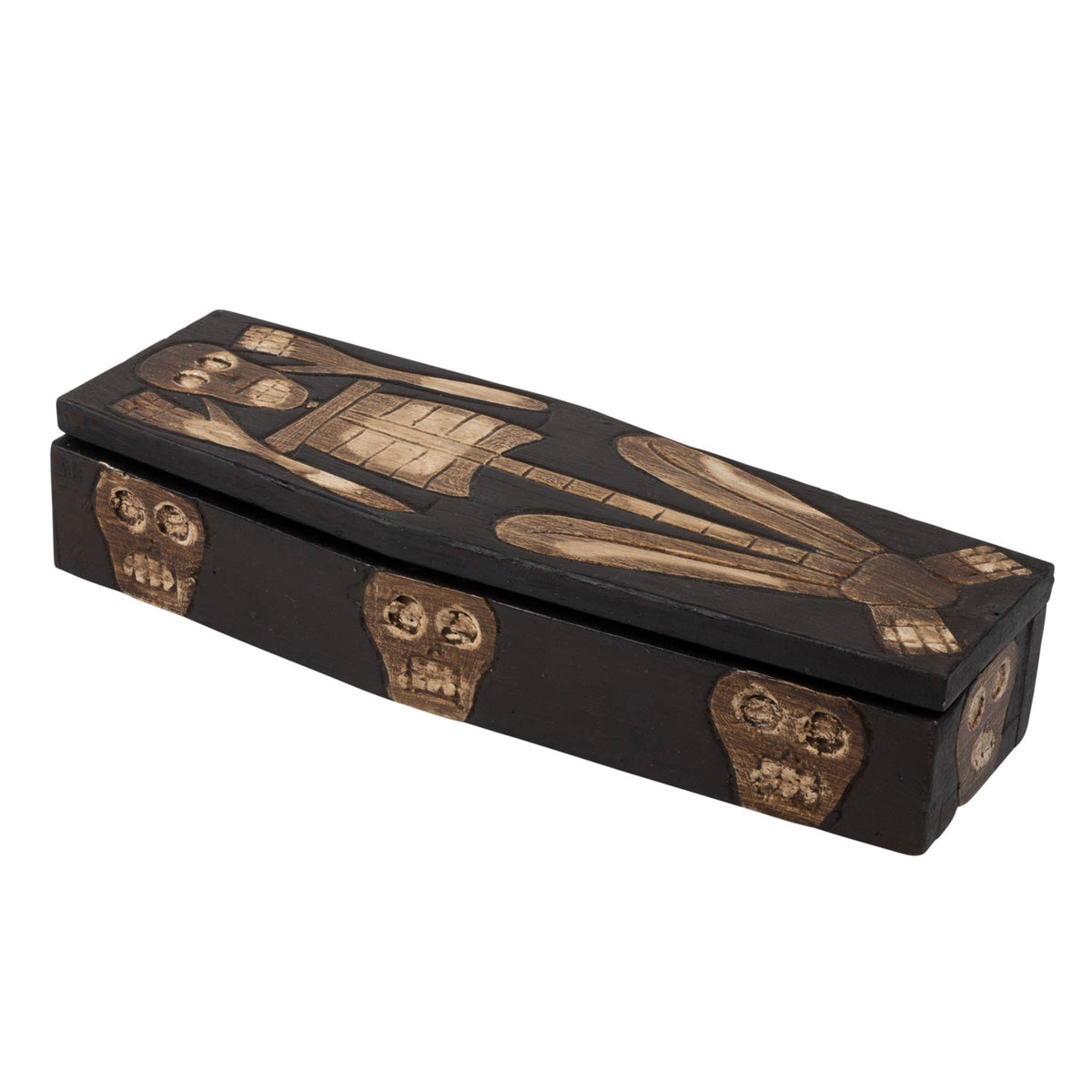 A coffin-shaped decorative box with a black finish and raised gold-toned Egyptian-style artwork, including a pharaoh and skull details, shown on a plain white background.