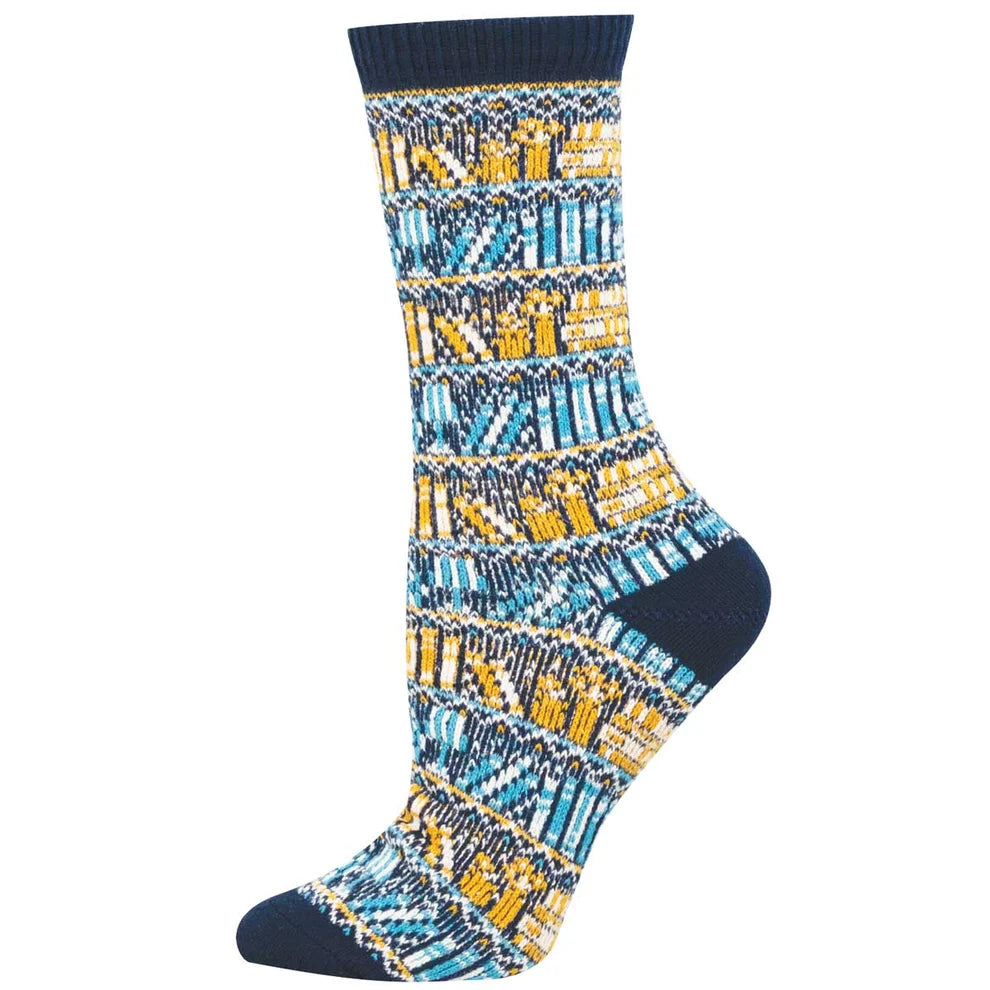 A sock with a blue and yellow bookshelf design on a white background.