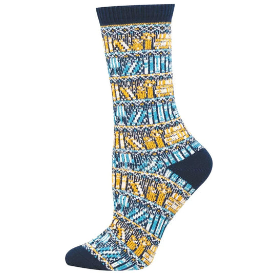 A sock with a blue and yellow bookshelf design on a white background.