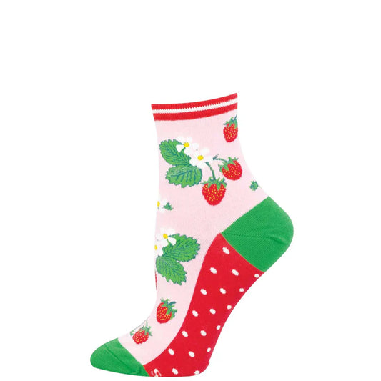 colorful socksmith mid calf sock with strawberries and white flowers images on a white background