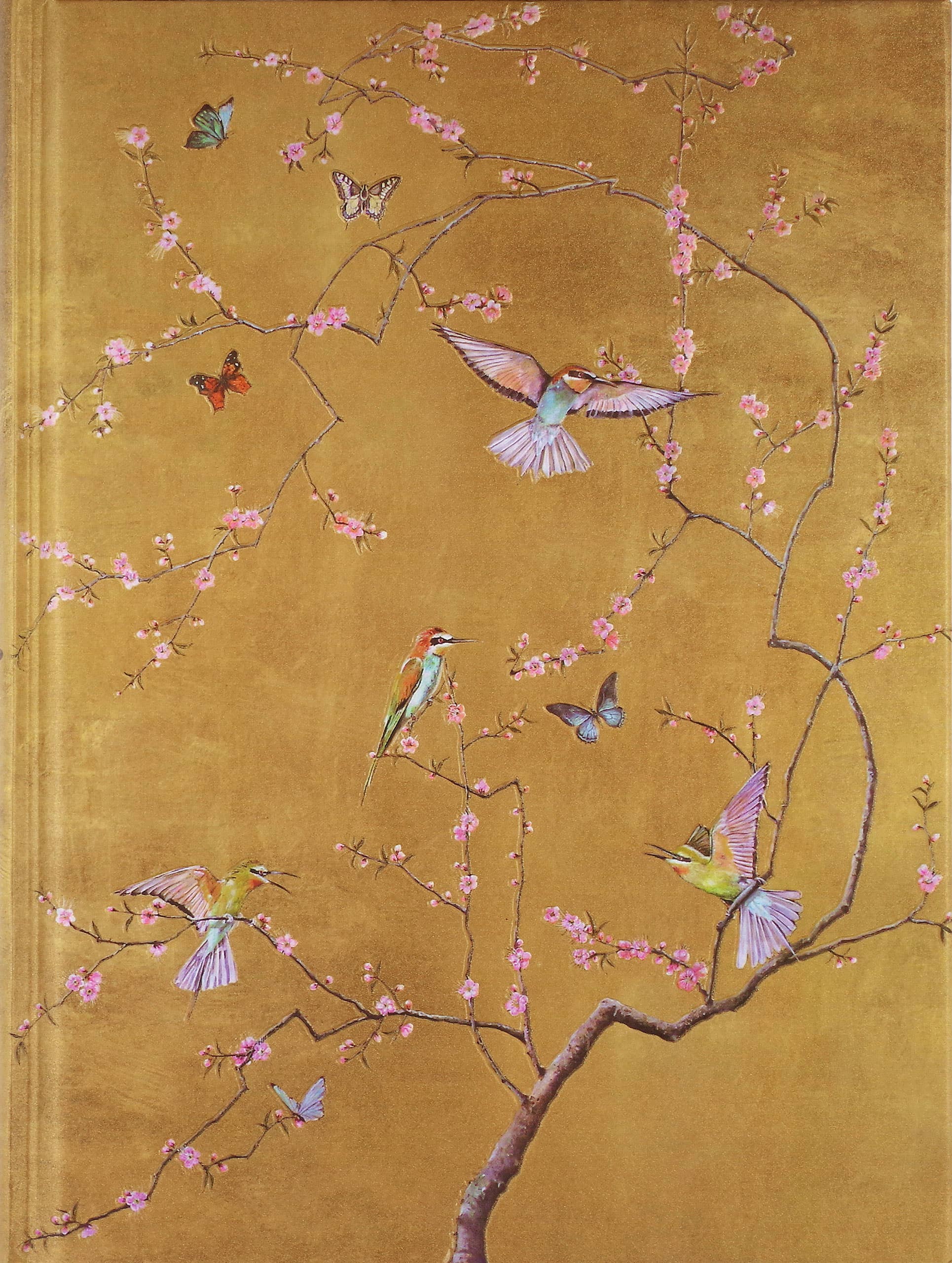 Decorative journal cover with birds, flowers, and butterflies on a gold background