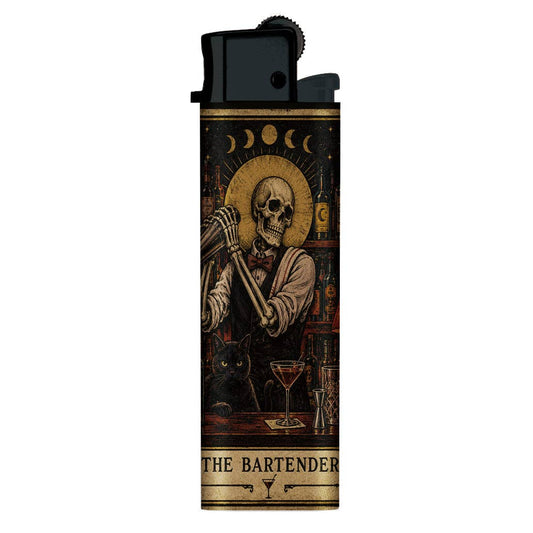 A black lighter with a detailed gothic illustration of 'The Bartender' tarot card skeleton, featuring a gold moon phase halo, bar shelves, a martini glass, and a black cat, on a plain white background.