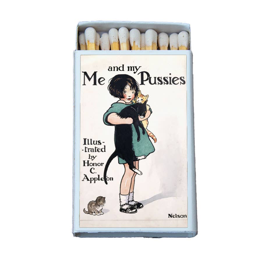 A vintage matchbox with the title 'Me and my Pussies' and illustration by Honor C. Appleton.