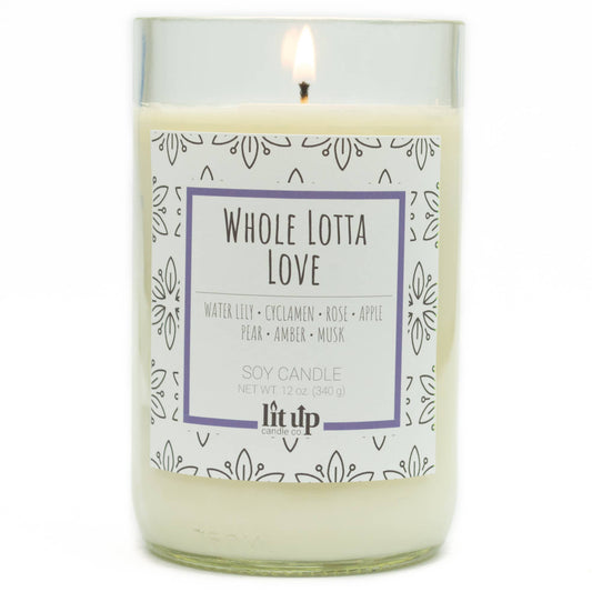 Whole Lotta Love scented 12 oz soy candles in wine bottles