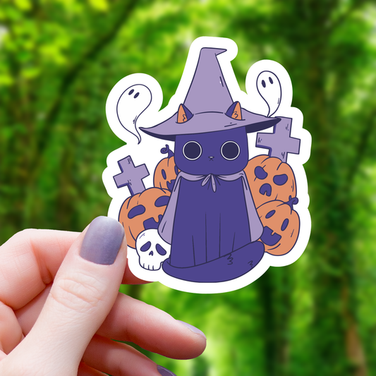 Purple Witchy Halloween Cat Sticker