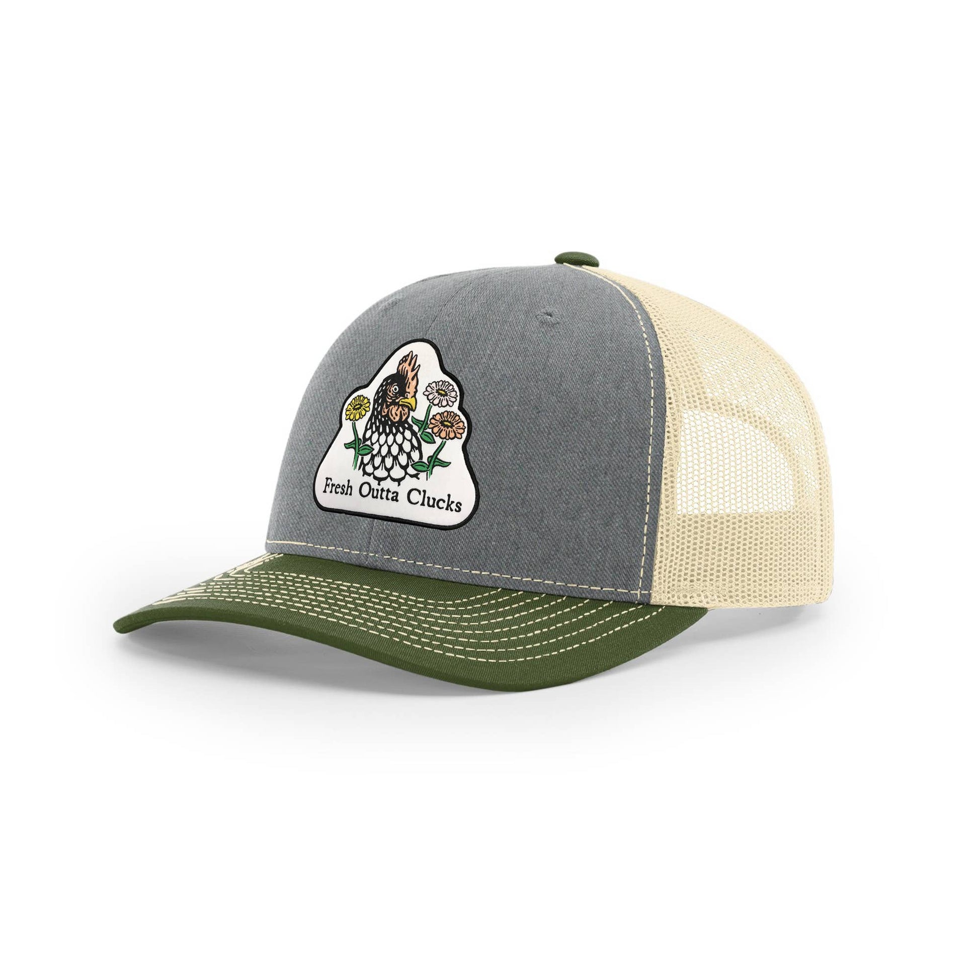 Gray, green, and beige trucker hat with a chicken and flowers graphic and text on a white background
