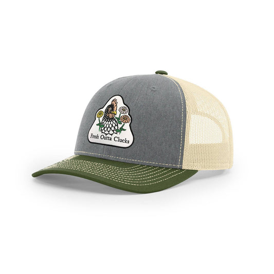 Gray, green, and beige trucker hat with a chicken and flowers graphic and text on a white background