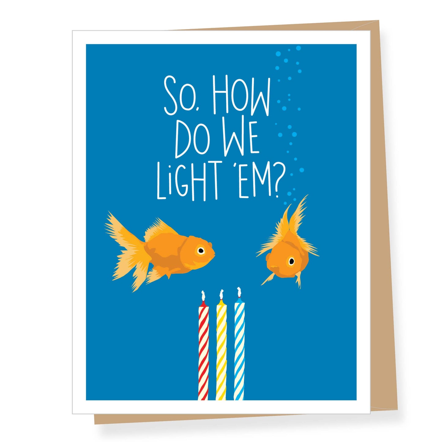 Greeting card with two goldfish and birthday candles on a blue background