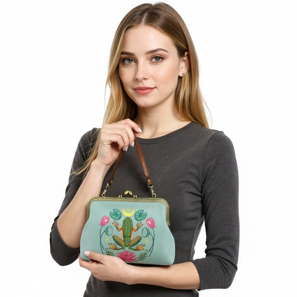 Frog in the Lily Pond Kiss Lock Bag