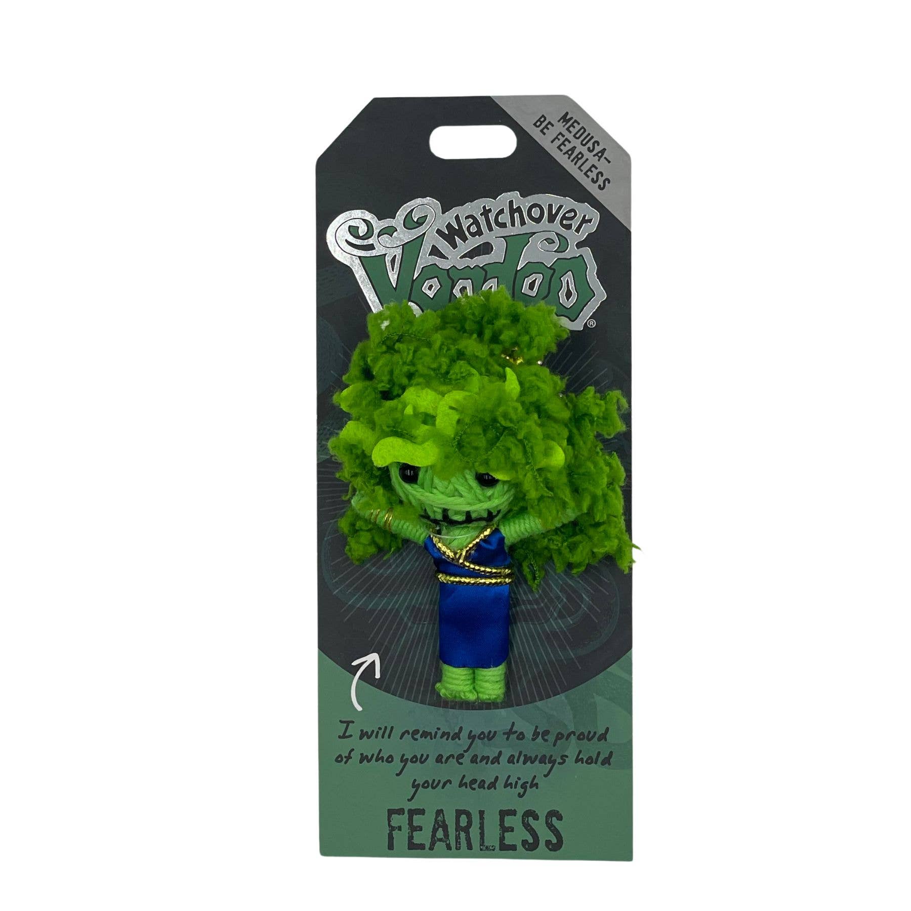 Green plush Medusa charm with blue pants in packaging featuring 'Watchover Voodoo' branding.