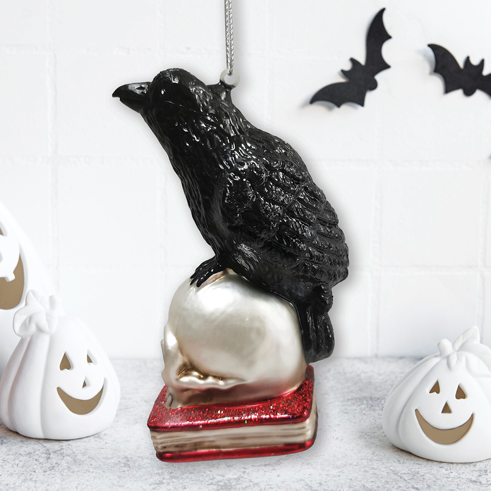 Raven on Skull Glass Ornament