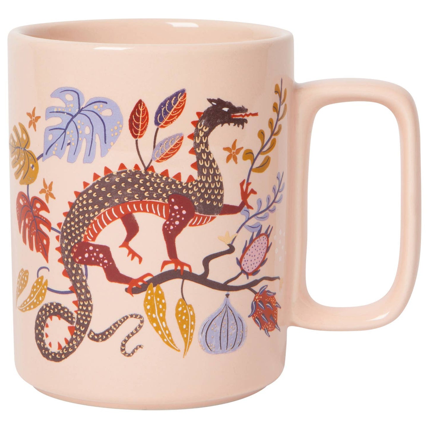 Pink mug with dragon and leaf design on a white background