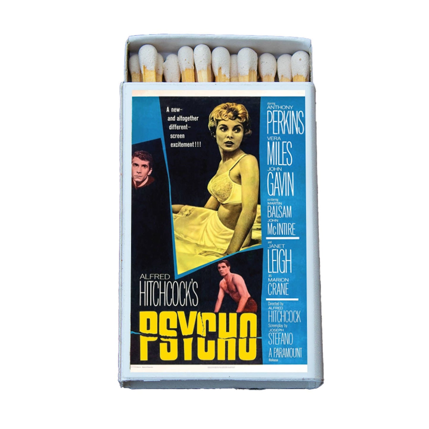 Matchbox with 'Psycho' movie poster design on a white background
