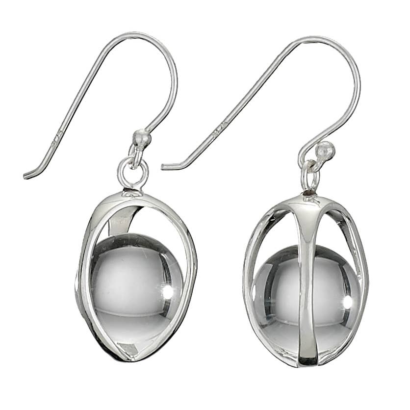 Pair of sterling silver earrings with quartz spherical designs on a white background