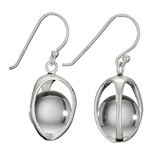 Pair of sterling silver earrings with quartz spherical designs on a white background