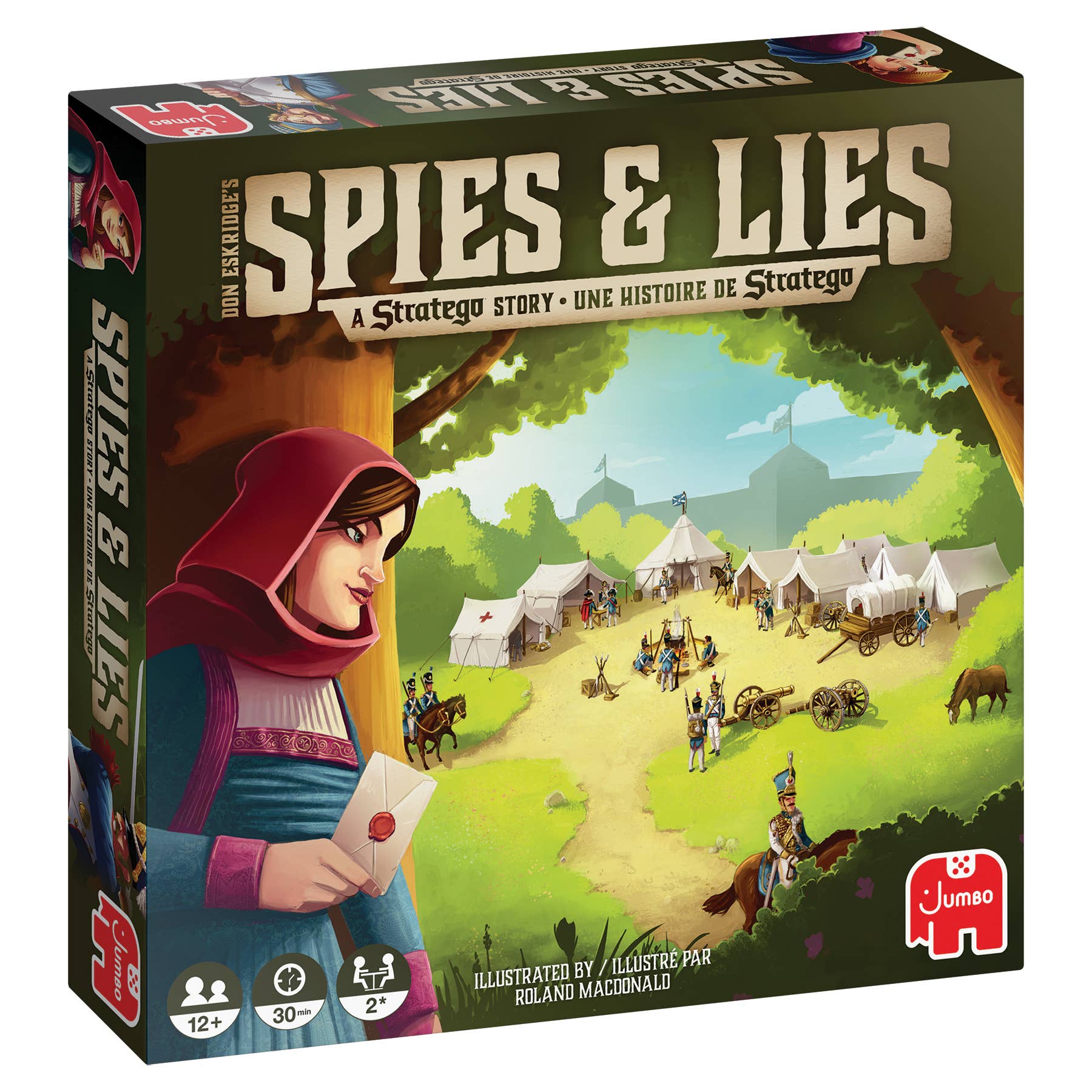 Board game box for 'Spies & Lies' with a character holding a card and a village scene on the cover.
